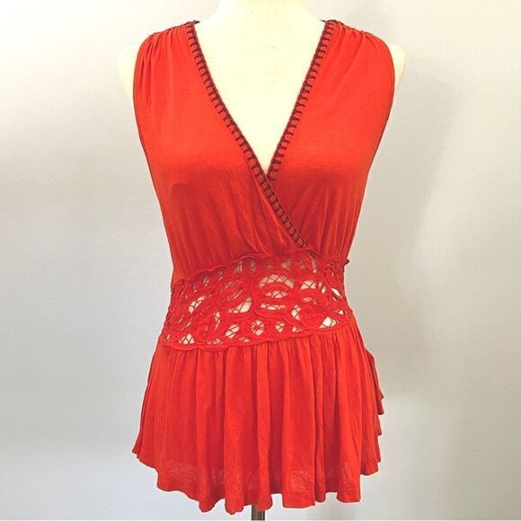 NWT Free People Megan Embroidered
Crochet Waist Peplum Top Tank XS Red/Orange - Picture 7 of 12